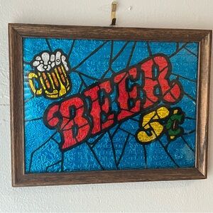 Vintage Foil Art Glass Framed 5 Cents Beer Bar Sign